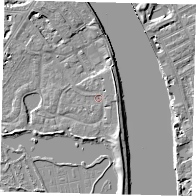 Shaded relief map of the ground around SW138EL, computed from Environment Agency LiDAR. The ground here sits at about 4 m above sea level and falls 7 m across the surrounding 800 m. Surface water reaching this point runs off ground lying to the south-south-east, 3.6 m higher.