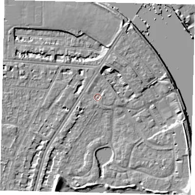 Shaded relief map of the ground around SW138ES, computed from Environment Agency LiDAR. The ground here sits at about 4 m above sea level and falls 8 m across the surrounding 800 m. Surface water reaching this point runs off ground lying to the west-south-west, 4.0 m higher.