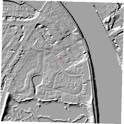 Shaded relief map of the ground around SW138ET, computed from Environment Agency LiDAR. The ground here sits at about 4 m above sea level and falls 9 m across the surrounding 800 m. Surface water reaching this point runs off ground lying to the west-south-west, 7.2 m higher.