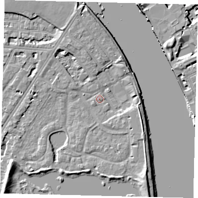 Shaded relief map of the ground around SW138HF, computed from Environment Agency LiDAR. The ground here sits at about 4 m above sea level and falls 12 m across the surrounding 800 m. Surface water reaching this point runs off ground lying to the south-west, 2.1 m higher.