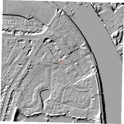 Shaded relief map of the ground around SW138HJ, computed from Environment Agency LiDAR. The ground here sits at about 4 m above sea level and falls 12 m across the surrounding 800 m. Surface water reaching this point runs off ground lying to the south-west, 5.2 m higher.