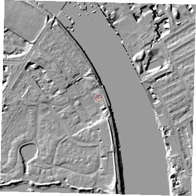 Shaded relief map of the ground around SW138HS, computed from Environment Agency LiDAR. The ground here sits at about 4 m above sea level and falls 16 m across the surrounding 800 m. Surface water reaching this point runs off ground lying to the south, 4.5 m higher.