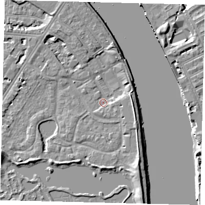 Shaded relief map of the ground around SW138HW, computed from Environment Agency LiDAR. The ground here sits at about 3 m above sea level and falls 8 m across the surrounding 800 m. Surface water reaching this point runs off ground lying to the south-south-east, 4.5 m higher.