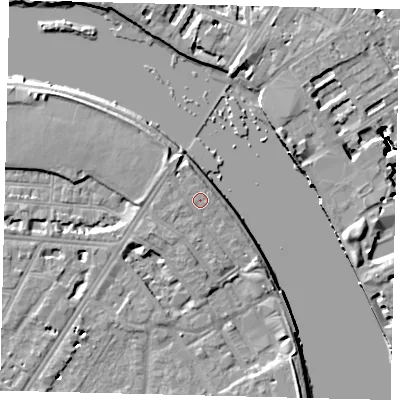 Shaded relief map of the ground around SW138QY, computed from Environment Agency LiDAR. The ground here sits at about 6 m above sea level and falls 16 m across the surrounding 800 m. Surface water reaching this point runs off ground lying to the north-north-west, 1.6 m higher.