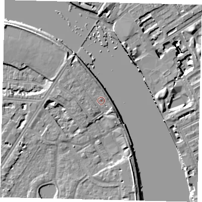 Shaded relief map of the ground around SW138QZ, computed from Environment Agency LiDAR. The ground here sits at about 6 m above sea level and falls 16 m across the surrounding 800 m. Surface water reaching this point runs off ground lying to the north-north-west, 2.2 m higher.