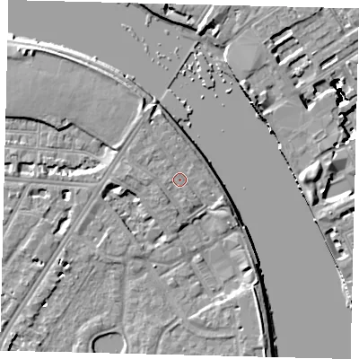 Shaded relief map of the ground around SW138RA, computed from Environment Agency LiDAR. The ground here sits at about 5 m above sea level and falls 16 m across the surrounding 800 m. Surface water reaching this point runs off ground lying to the north-north-west, 2.1 m higher.