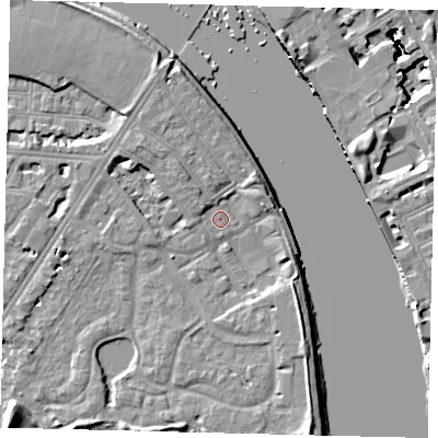 Shaded relief map of the ground around SW138SA, computed from Environment Agency LiDAR. The ground here sits at about 4 m above sea level and falls 17 m across the surrounding 800 m. Surface water reaching this point runs off ground lying to the south-west, 5.8 m higher.