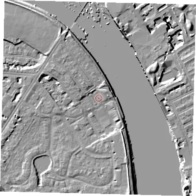 Shaded relief map of the ground around SW138SB, computed from Environment Agency LiDAR. The ground here sits at about 4 m above sea level and falls 16 m across the surrounding 800 m. Surface water reaching this point runs off ground lying to the south-south-east, 3.5 m higher.