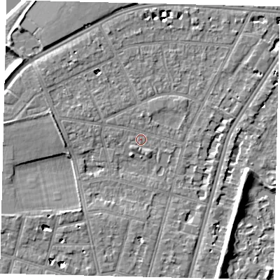Shaded relief map of the ground around SW139AA, computed from Environment Agency LiDAR. The ground here sits at about 5 m above sea level and falls 7 m across the surrounding 800 m. Surface water reaching this point runs off ground lying to the south-west, 3.5 m higher.