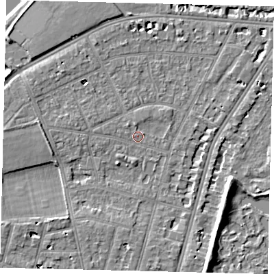 Shaded relief map of the ground around SW139AB, computed from Environment Agency LiDAR. The ground here sits at about 5 m above sea level and falls 7 m across the surrounding 800 m. Surface water reaching this point runs off ground lying to the north, 1.2 m higher.
