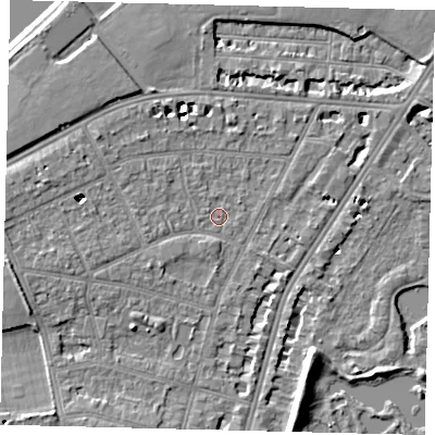Shaded relief map of the ground around SW139AF, computed from Environment Agency LiDAR. The ground here sits at about 5 m above sea level and falls 7 m across the surrounding 800 m. Surface water reaching this point runs off ground lying to the north-west, 0.6 m higher.