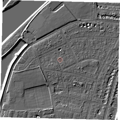 Shaded relief map of the ground around SW139AH, computed from Environment Agency LiDAR. The ground here sits at about 6 m above sea level and falls 7 m across the surrounding 800 m. Surface water reaching this point runs off ground lying to the north-north-west, 1.4 m higher.