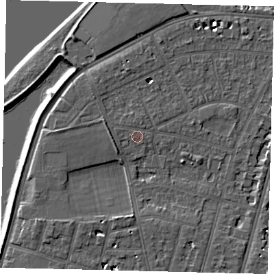 Shaded relief map of the ground around SW139AL, computed from Environment Agency LiDAR. The ground here sits at about 5 m above sea level and falls 6 m across the surrounding 800 m. Surface water reaching this point runs off ground lying to the north, 0.7 m higher.