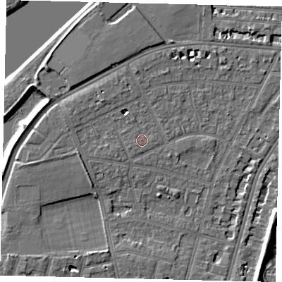 Shaded relief map of the ground around SW139AQ, computed from Environment Agency LiDAR. The ground here sits at about 5 m above sea level and falls 7 m across the surrounding 800 m. Surface water reaching this point runs off ground lying to the north-north-west, 4.4 m higher.