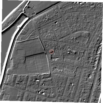 Shaded relief map of the ground around SW139AX, computed from Environment Agency LiDAR. The ground here sits at about 5 m above sea level and falls 7 m across the surrounding 800 m. Surface water reaching this point runs off ground lying to the south, 3.5 m higher.