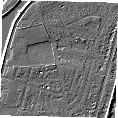 Shaded relief map of the ground around SW139AY, computed from Environment Agency LiDAR. The ground here sits at about 5 m above sea level and falls 7 m across the surrounding 800 m. Surface water reaching this point runs off ground lying to the south-south-east, 1.9 m higher.