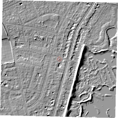 Shaded relief map of the ground around SW139BE, computed from Environment Agency LiDAR. The ground here sits at about 4 m above sea level and falls 7 m across the surrounding 800 m. Surface water reaching this point runs off ground lying to the east-north-east, 6.9 m higher.