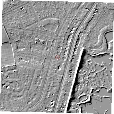 Shaded relief map of the ground around SW139BG, computed from Environment Agency LiDAR. The ground here sits at about 4 m above sea level and falls 7 m across the surrounding 800 m. Surface water reaching this point runs off ground lying to the east-north-east, 6.9 m higher.