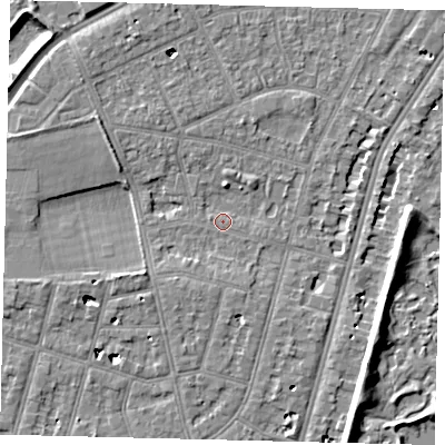 Shaded relief map of the ground around SW139BH, computed from Environment Agency LiDAR. The ground here sits at about 5 m above sea level and falls 7 m across the surrounding 800 m. Surface water reaching this point runs off ground lying to the south, 1.6 m higher.