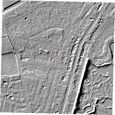 Shaded relief map of the ground around SW139BJ, computed from Environment Agency LiDAR. The ground here sits at about 4 m above sea level and falls 7 m across the surrounding 800 m. Surface water reaching this point runs off ground lying to the east, 6.9 m higher.
