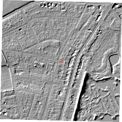 Shaded relief map of the ground around SW139BL, computed from Environment Agency LiDAR. The ground here sits at about 5 m above sea level and falls 7 m across the surrounding 800 m. Surface water reaching this point runs off ground lying to the north-west, 4.8 m higher.