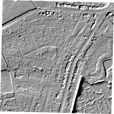 Shaded relief map of the ground around SW139BN, computed from Environment Agency LiDAR. The ground here sits at about 5 m above sea level and falls 7 m across the surrounding 800 m. Surface water reaching this point runs off ground lying to the west-north-west, 4.8 m higher.