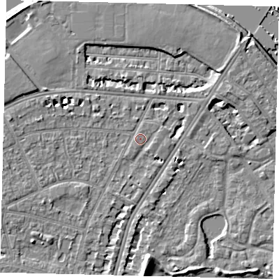 Shaded relief map of the ground around SW139BP, computed from Environment Agency LiDAR. The ground here sits at about 5 m above sea level and falls 8 m across the surrounding 800 m. Surface water reaching this point runs off ground lying to the west, 4.7 m higher.
