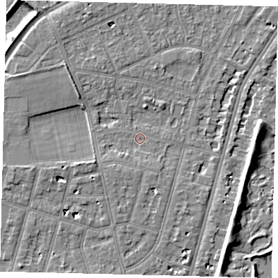 Shaded relief map of the ground around SW139BQ, computed from Environment Agency LiDAR. The ground here sits at about 4 m above sea level and falls 7 m across the surrounding 800 m. Surface water reaching this point runs off ground lying to the south, 1.6 m higher.