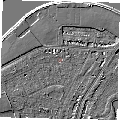 Shaded relief map of the ground around SW139BS, computed from Environment Agency LiDAR. The ground here sits at about 5 m above sea level and falls 7 m across the surrounding 800 m. Surface water reaching this point runs off ground lying to the west, 4.7 m higher.
