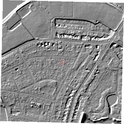 Shaded relief map of the ground around SW139BT, computed from Environment Agency LiDAR. The ground here sits at about 4 m above sea level and falls 7 m across the surrounding 800 m. Surface water reaching this point runs off ground lying to the west-north-west, 4.7 m higher.
