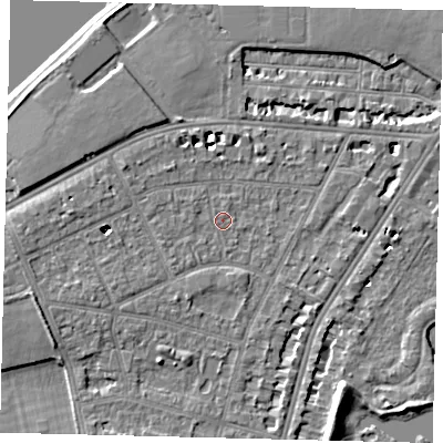 Shaded relief map of the ground around SW139BU, computed from Environment Agency LiDAR. The ground here sits at about 5 m above sea level and falls 7 m across the surrounding 800 m. Surface water reaching this point runs off ground lying to the west-south-west, 0.9 m higher.