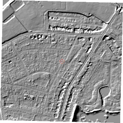 Shaded relief map of the ground around SW139BW, computed from Environment Agency LiDAR. The ground here sits at about 4 m above sea level and falls 7 m across the surrounding 800 m. Surface water reaching this point runs off ground lying to the south, 1.9 m higher.