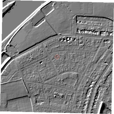 Shaded relief map of the ground around SW139BX, computed from Environment Agency LiDAR. The ground here sits at about 5 m above sea level and falls 7 m across the surrounding 800 m. Surface water reaching this point runs off ground lying to the west-south-west, 0.6 m higher.