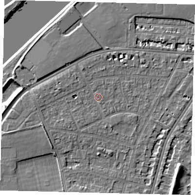 Shaded relief map of the ground around SW139BY, computed from Environment Agency LiDAR. The ground here sits at about 5 m above sea level and falls 7 m across the surrounding 800 m. Surface water reaching this point runs off ground lying to the west-north-west, 4.4 m higher.