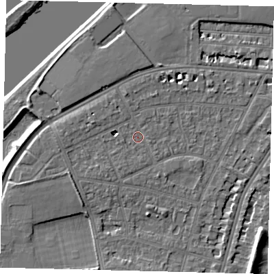Shaded relief map of the ground around SW139BZ, computed from Environment Agency LiDAR. The ground here sits at about 5 m above sea level and falls 7 m across the surrounding 800 m. Surface water reaching this point runs off ground lying to the west-north-west, 4.4 m higher.