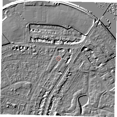 Shaded relief map of the ground around SW139DB, computed from Environment Agency LiDAR. The ground here sits at about 5 m above sea level and falls 8 m across the surrounding 800 m. Surface water reaching this point runs off ground lying to the west-north-west, 1.3 m higher.