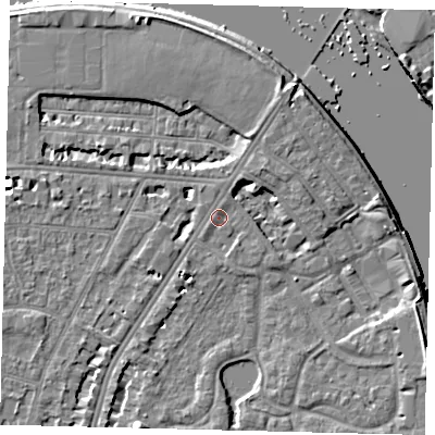 Shaded relief map of the ground around SW139DH, computed from Environment Agency LiDAR. The ground here sits at about 5 m above sea level and falls 8 m across the surrounding 800 m. Surface water reaching this point runs off ground lying to the north-north-east, 4.4 m higher.