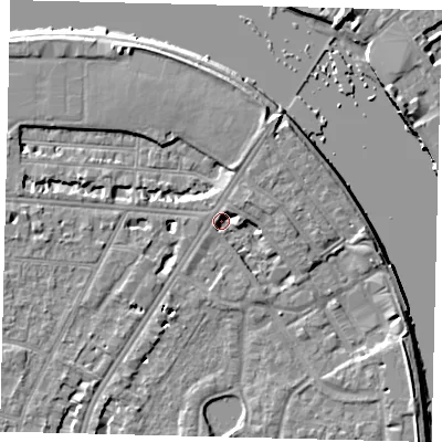 Shaded relief map of the ground around SW139DW, computed from Environment Agency LiDAR. The ground here sits at about 4 m above sea level and falls 6 m across the surrounding 800 m. Surface water reaching this point runs off ground lying to the north-north-east, 4.4 m higher.