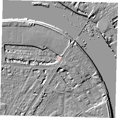 Shaded relief map of the ground around SW139EA, computed from Environment Agency LiDAR. The ground here sits at about 4 m above sea level and falls 6 m across the surrounding 800 m. Surface water reaching this point runs off ground lying to the north-east, 3.4 m higher.