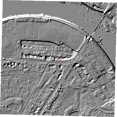 Shaded relief map of the ground around SW139EB, computed from Environment Agency LiDAR. The ground here sits at about 3 m above sea level and falls 6 m across the surrounding 800 m. Surface water reaching this point runs off ground lying to the north-north-west, 5.2 m higher.