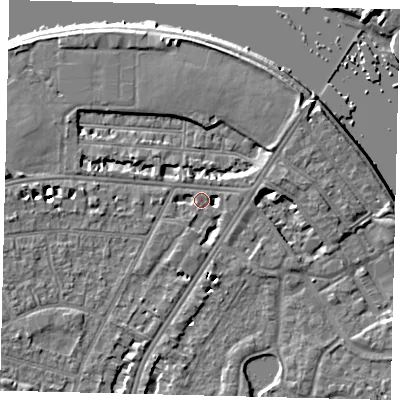 Shaded relief map of the ground around SW139ED, computed from Environment Agency LiDAR. The ground here sits at about 5 m above sea level and falls 6 m across the surrounding 800 m. Surface water reaching this point runs off ground lying to the south-south-west, 2.7 m higher.