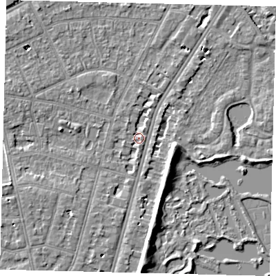 Shaded relief map of the ground around SW139EL, computed from Environment Agency LiDAR. The ground here sits at about 4 m above sea level and falls 7 m across the surrounding 800 m. Surface water reaching this point runs off ground lying to the east-south-east, 6.9 m higher.