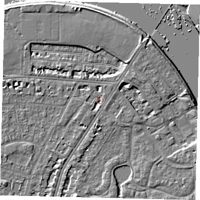 Shaded relief map of the ground around SW139EQ, computed from Environment Agency LiDAR. The ground here sits at about 4 m above sea level and falls 8 m across the surrounding 800 m. Surface water reaching this point runs off ground lying to the north-east, 5.3 m higher.