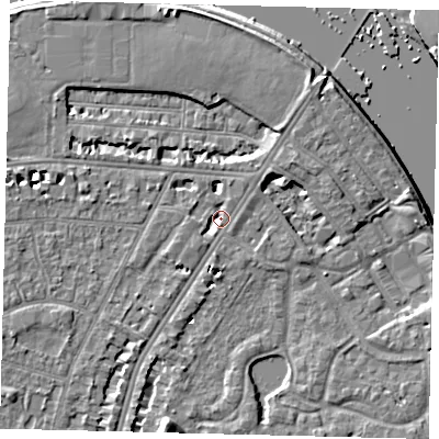 Shaded relief map of the ground around SW139ER, computed from Environment Agency LiDAR. The ground here sits at about 4 m above sea level and falls 8 m across the surrounding 800 m. Surface water reaching this point runs off ground lying to the north-east, 5.3 m higher.