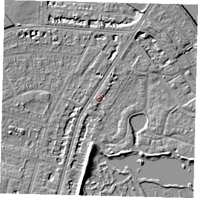 Shaded relief map of the ground around SW139ET, computed from Environment Agency LiDAR. The ground here sits at about 5 m above sea level and falls 8 m across the surrounding 800 m. Surface water reaching this point runs off ground lying to the south, 3.9 m higher.