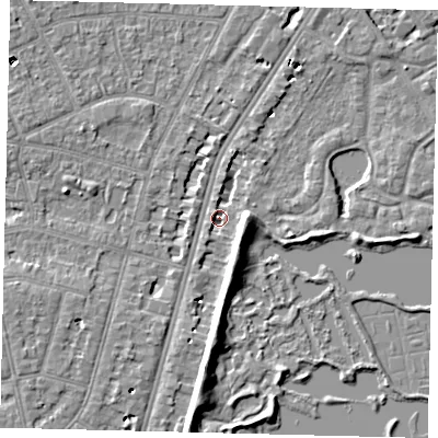 Shaded relief map of the ground around SW139EU, computed from Environment Agency LiDAR. The ground here sits at about 4 m above sea level and falls 7 m across the surrounding 800 m. Surface water reaching this point runs off ground lying to the north-west, 1.9 m higher.