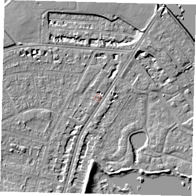 Shaded relief map of the ground around SW139EW, computed from Environment Agency LiDAR. The ground here sits at about 5 m above sea level and falls 8 m across the surrounding 800 m. Surface water reaching this point runs off ground lying to the south-south-west, 1.1 m higher.