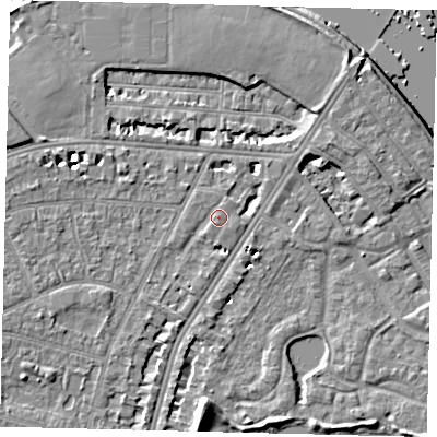 Shaded relief map of the ground around SW139EY, computed from Environment Agency LiDAR. The ground here sits at about 5 m above sea level and falls 8 m across the surrounding 800 m. Surface water reaching this point runs off ground lying to the south-west, 1.1 m higher.