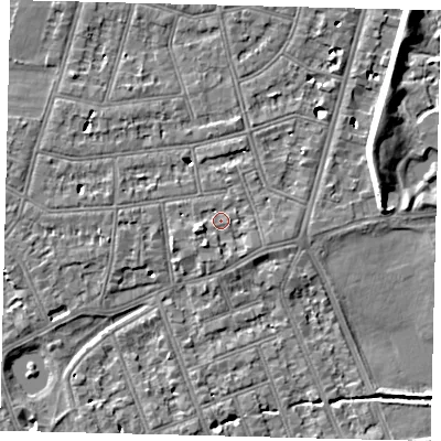 Shaded relief map of the ground around SW139HD, computed from Environment Agency LiDAR. The ground here sits at about 5 m above sea level and falls 7 m across the surrounding 800 m. Surface water reaching this point runs off ground lying to the west-south-west, 2.5 m higher.