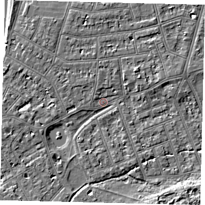Shaded relief map of the ground around SW139HH, computed from Environment Agency LiDAR. The ground here sits at about 4 m above sea level and falls 7 m across the surrounding 800 m. Surface water reaching this point runs off ground lying to the north-west, 4.0 m higher.